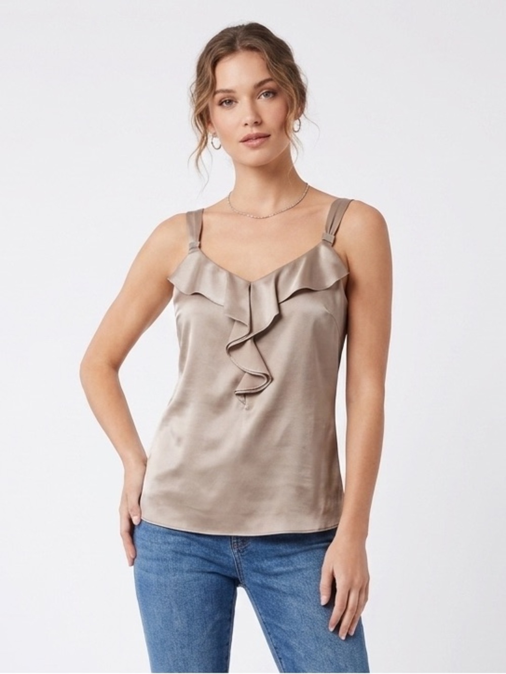 WHBM Champagne Gold Satin Waterfall Ruffle V Neck Shell Top XS $78 EUC